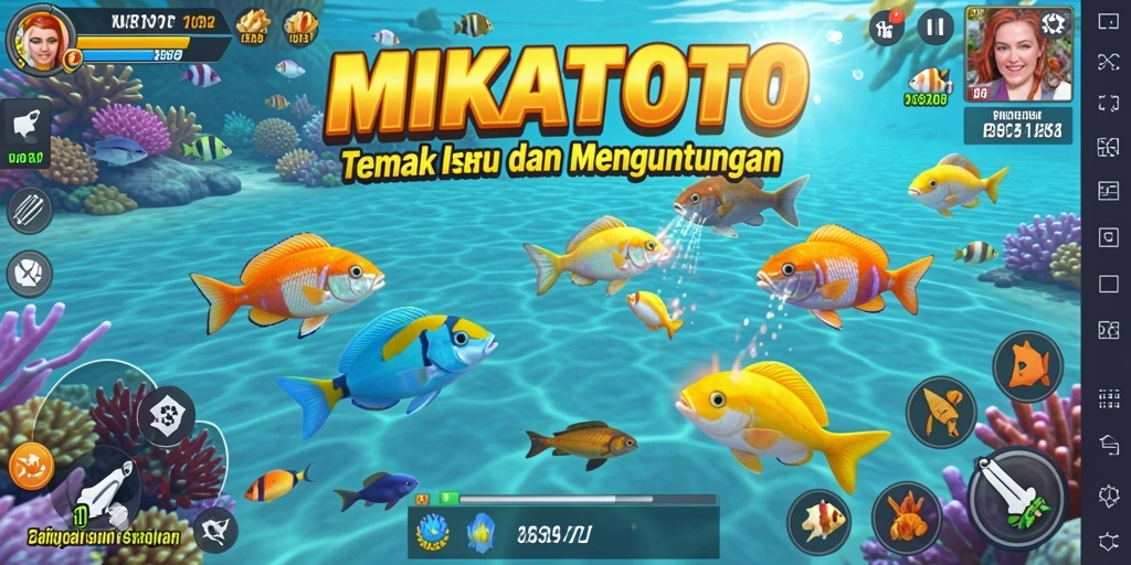Tampilan gameplay MIKATOTO dengan ikan berwarna-warni yang menanti untuk ditangkap.