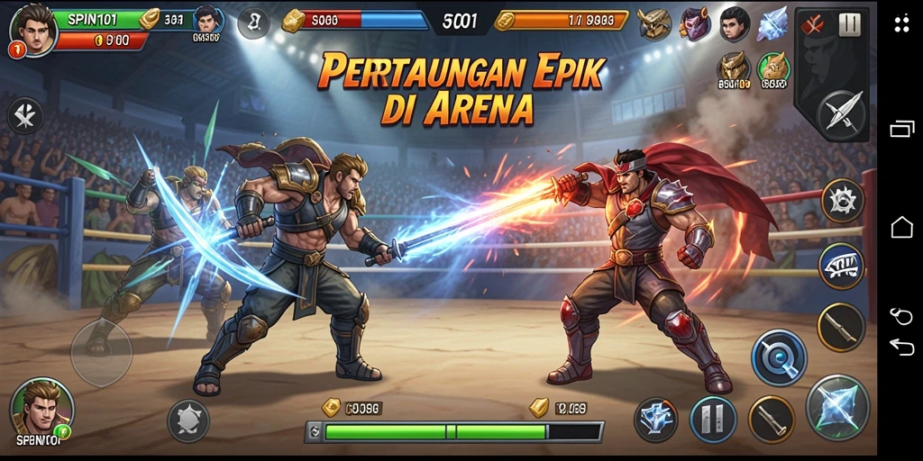 Screenshot menggambarkan aksi seru dalam pertarungan SPIN101.